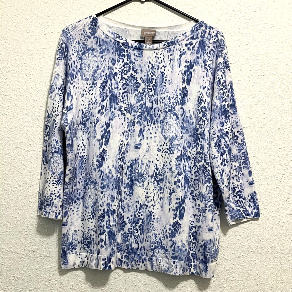 Chico's Blue White Floral Damask Lightweight Knit Sweater 3/4 Sleeve Sz 2 L/12